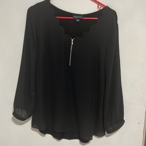 Black Mixed Material Scallop Blouse